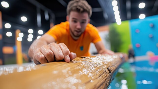 A focused man, wearing an orange shirt, balances carefully on a wet wooden beam, displaying concentration and agility in an indoor obstacle course setup.