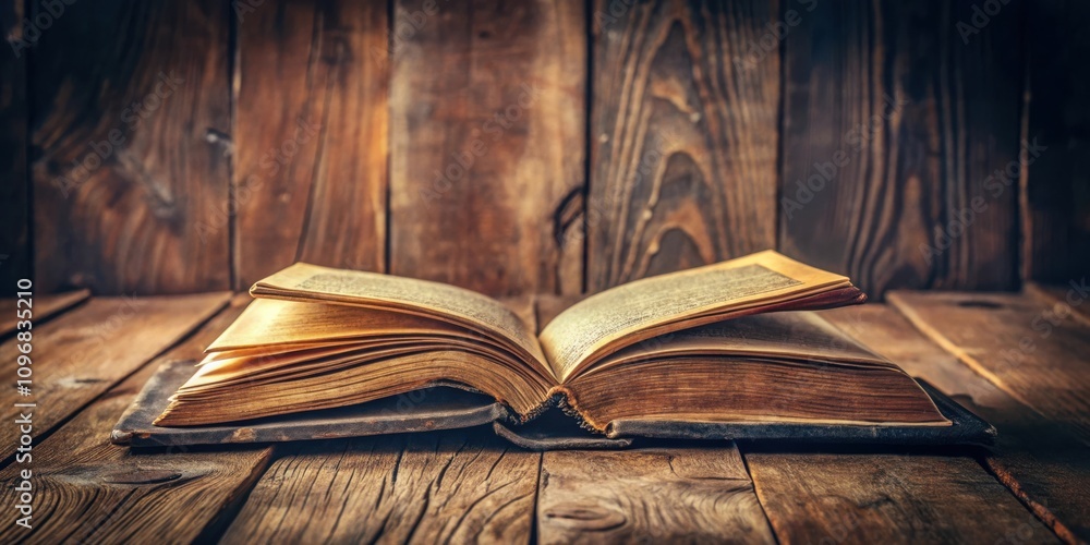 Poster An open antique book resting on a wooden surface with a rustic wooden background, creating a sense of timelessness and knowledge.