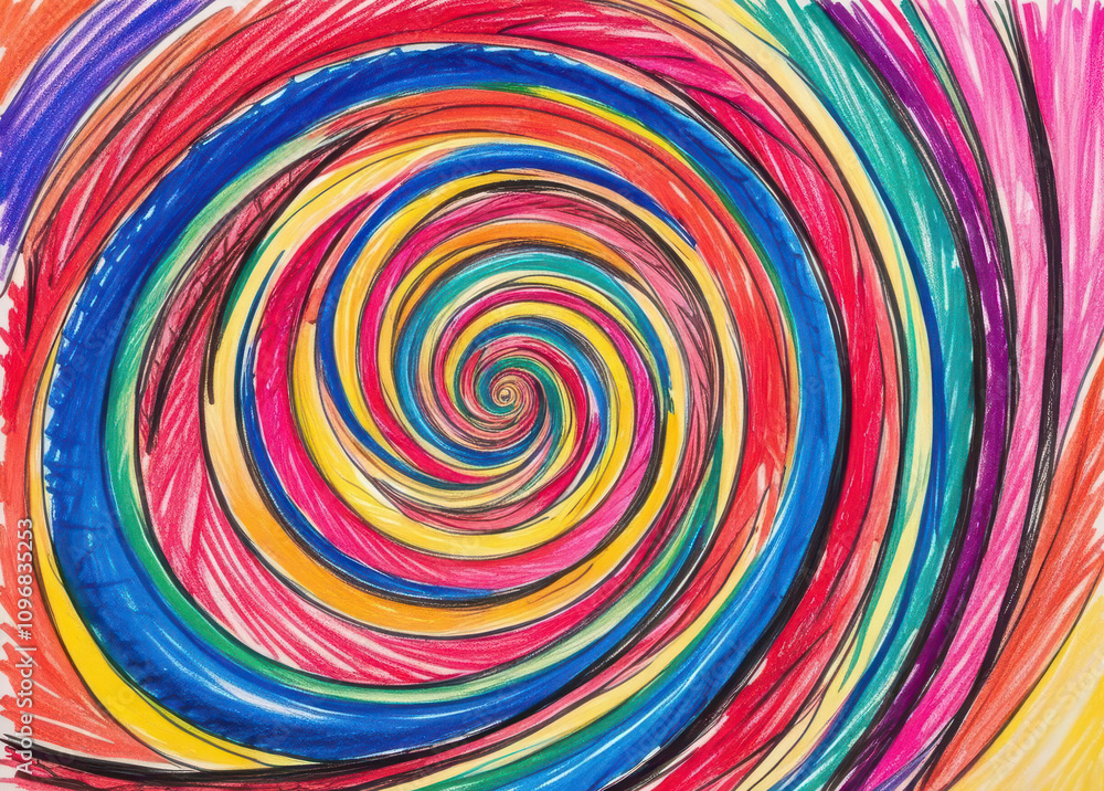 Poster a vibrant spiral of colorful lines creating a dynamic, swirling pattern, evoking a sense of motion a