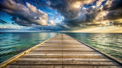 A wooden pier extending into a serene ocean with a dramatic sky filled with puffy clouds,  offering a sense of tranquility and solitude. - Powered by Adobe