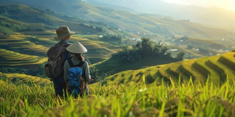 Fototapeta premium Couple Admiring the Rice Terraces at Sunrise