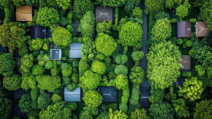 Aerial view of houses nestled in lush green trees.