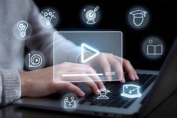 Naklejka premium E-Learning Concept. Woman studying online with a webinar, utilizing the internet for modern education through seminars, video tutorials, online lessons, and digital training courses