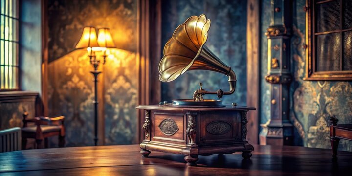 An antique gramophone with a golden horn sits on a wooden table in a dimly lit room, bathed in the warm glow of a nearby lamp
