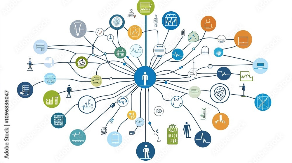 Poster a network diagram illustrating various concepts and icons connected to a central figure, representin
