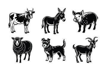 Bundle of cattle animal's vector silhouette Donkey Sheep Goat Cow Dog Pig