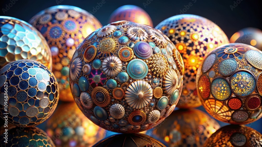 Poster a cluster of intricately patterned spheres adorned with shimmering gold, iridescent blue, and vibran