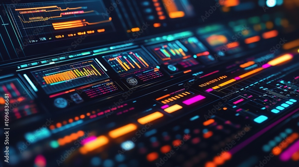 Poster futuristic digital interface displaying vibrant colors and interactive software elements for creativ