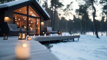 A cozy cabin is warmly lit with candles and lanterns, surrounded by a snowy landscape. The outside view shows a softly glowing, enchanting winter scene.