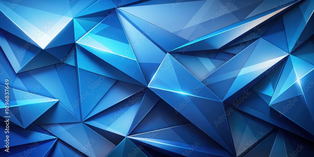 Poster A mesmerizing abstract composition featuring an array of iridescent blue triangular facets, showcasing an intricate play of light and shadow, creating a dynamic and captivating visual experience.