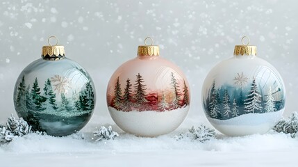 DIY baubles filled with glitter, mini Christmas trees, and snow, on a dreamy, snowy background