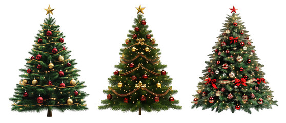 Set of decorated Christmas tree isolated on transparent background 