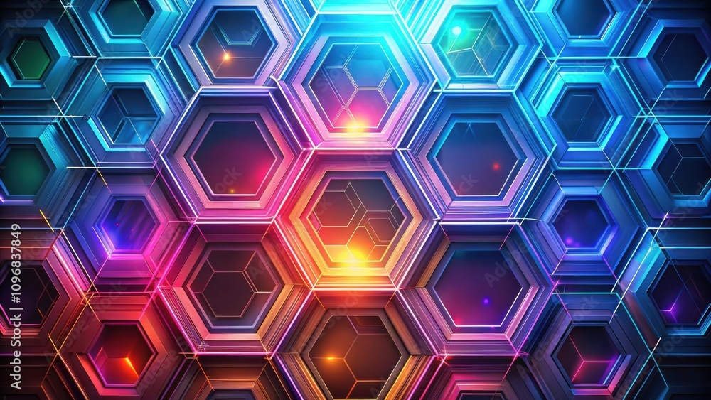 Poster abstract geometric hexagon pattern with vivid neon color accents