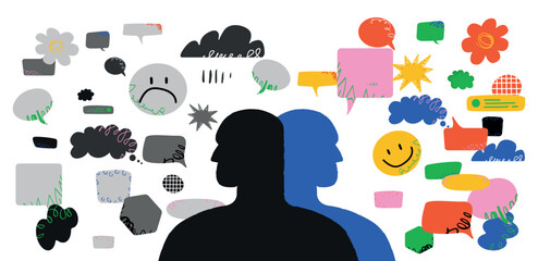 Two human silhouettes unfolded in different directions, in front of one gray sad objects, in front of the second bright emotions and speech bubbles. A metaphor for pessimism and optimism.