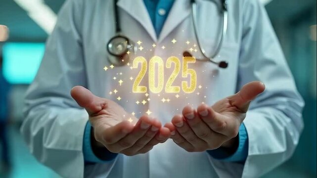 Animated video glowing 2025 in gold and sparkls above doctors hands.Healthcare and medicine concept.	