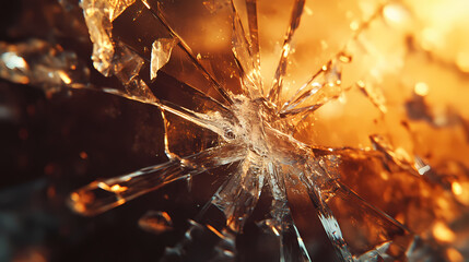 Shattered glass close-up with a focus on the radial crack pattern, soft lighting creating depth and highlighting the fragility of the broken surface. Shattered Ice Mirror. Illustration