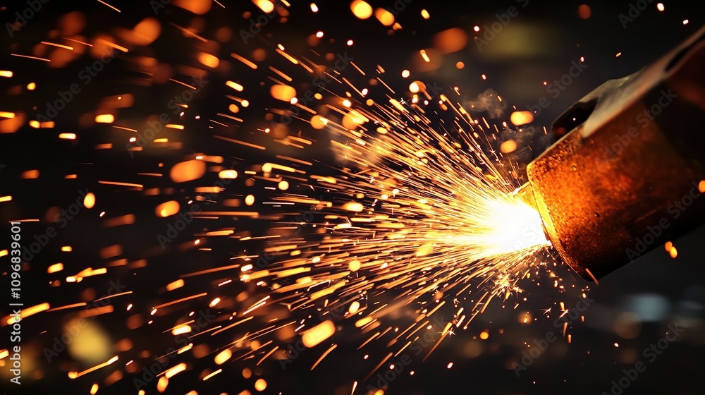 Poster a focused welder in action creating vibrant sparks with precision and expertise in a dynamic worksho
