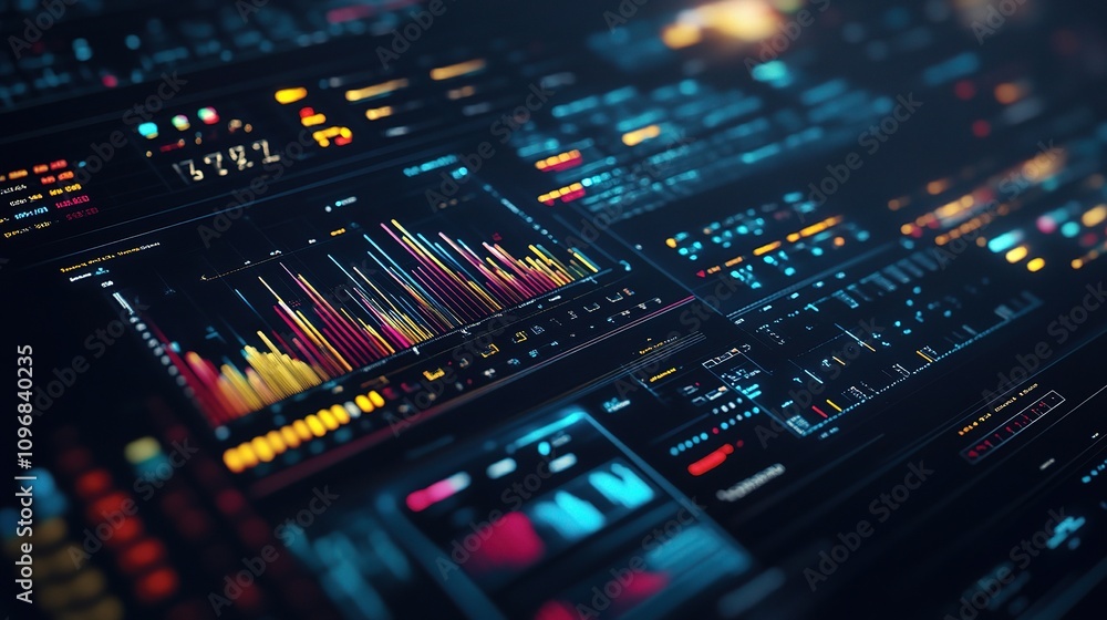 Poster creative software interface displaying colorful data visualizations and analytical charts for modern