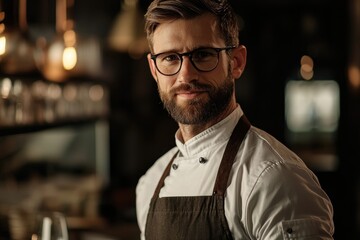 Fototapeta premium A man with a beard and glasses stands in front of a counter with apron on