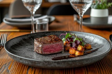 A plate of food with a steak and potatoes on it