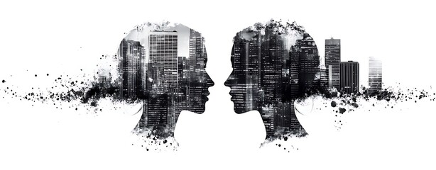Skyline Office Synergy, Double Exposure Design with Urban Silhouettes