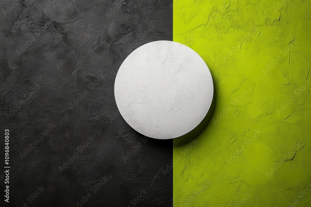 Poster a circular white object on a split black and yellow textured background.