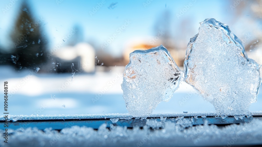 Poster the image features two ice chunks resting on a windowsill, framed by a bright snowy landscape, embod