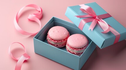 Two pink macarons in a light blue gift box with pink ribbon on pink background.