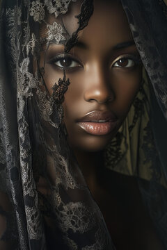 beautiful young black woman with brown hair wearing a black lace veil, in the style of evocative portrait 