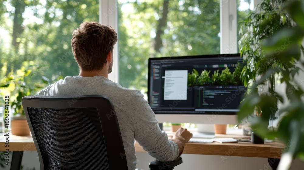 Aufkleber a person sits at a desk engrossed in coding on a computer screen, surrounded by lush green plants, i