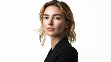 Obraz premium Professional Businesswoman in Profile Posing Against a White Background, Exuding Confidence and Elegance in a Studio Setting, Ideal for Corporate Imagery