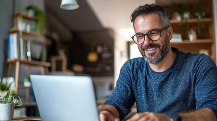 A bearded man wearing glasses sits at a modern desk with a laptop, smiling. The room is stylishly decorated with plants and bookshelves, creating a cozy atmosphere.