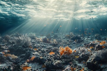 Obraz premium A bright sunny day in the ocean with many fish swimming around