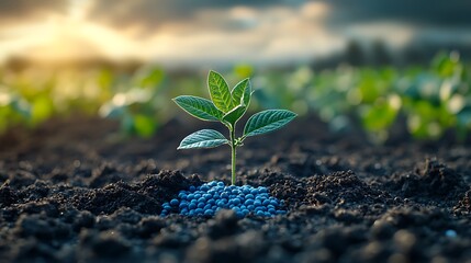 Small plant in the soil taking root around a patch of blue fertilizer and in the background