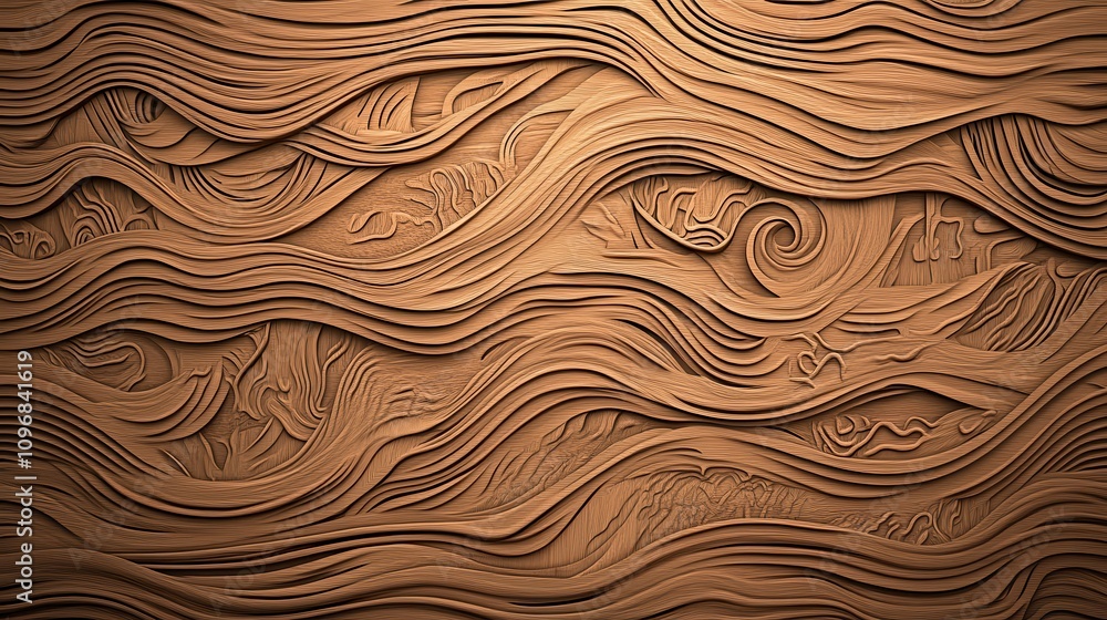Poster a textured, wavy wooden surface with intricate patterns, resembling natural elements or flowing wate