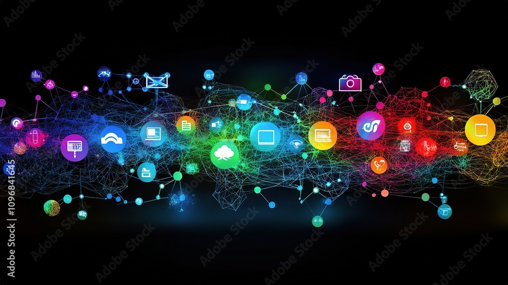 Poster vibrant global technology network depicted with colorful icons and connections representing digital 