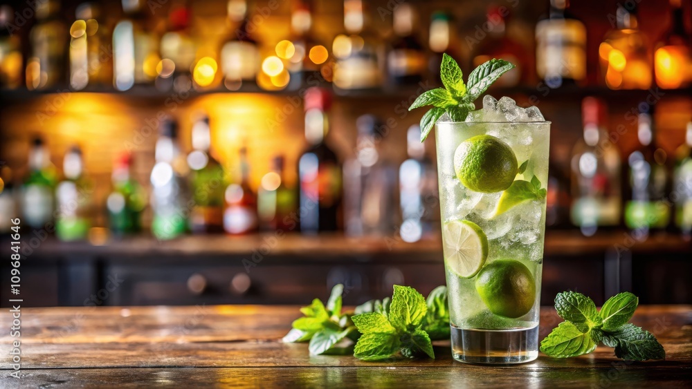 Poster a refreshing glass of lime and mint cocktail on a wooden bar counter with a blurred background of bo
