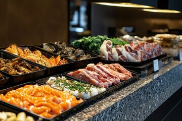 A variety of seafood and meat are displayed on a counter