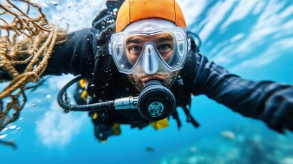 A dedicated diver wearing an orange cap and goggles diligently pulls a sea net underwater, exemplifying the tireless human efforts to secure the ocean's health.