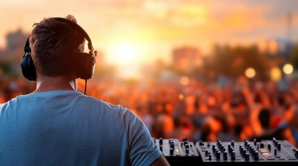 Image presents DJ seen from behind, engaging with mixing equipment, overseeing a massive festival crowd under a stunning sunset. Perfect for festival and music themes.
