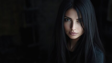 Fototapeta premium Beautiful Woman with Long Straight Black Hair in Dim Lighting