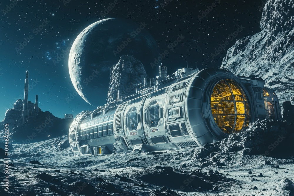 Wall mural a spaceship is on a rocky surface with a large moon in the background