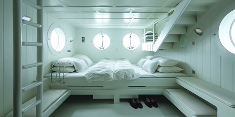 Obraz premium White Cabin Interior with Bunk Beds and Portholes