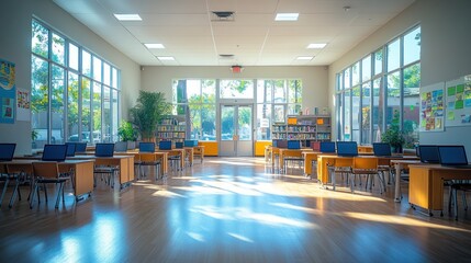 Bright and Airy Classroom: Modern School Library with Abundant Natural Light