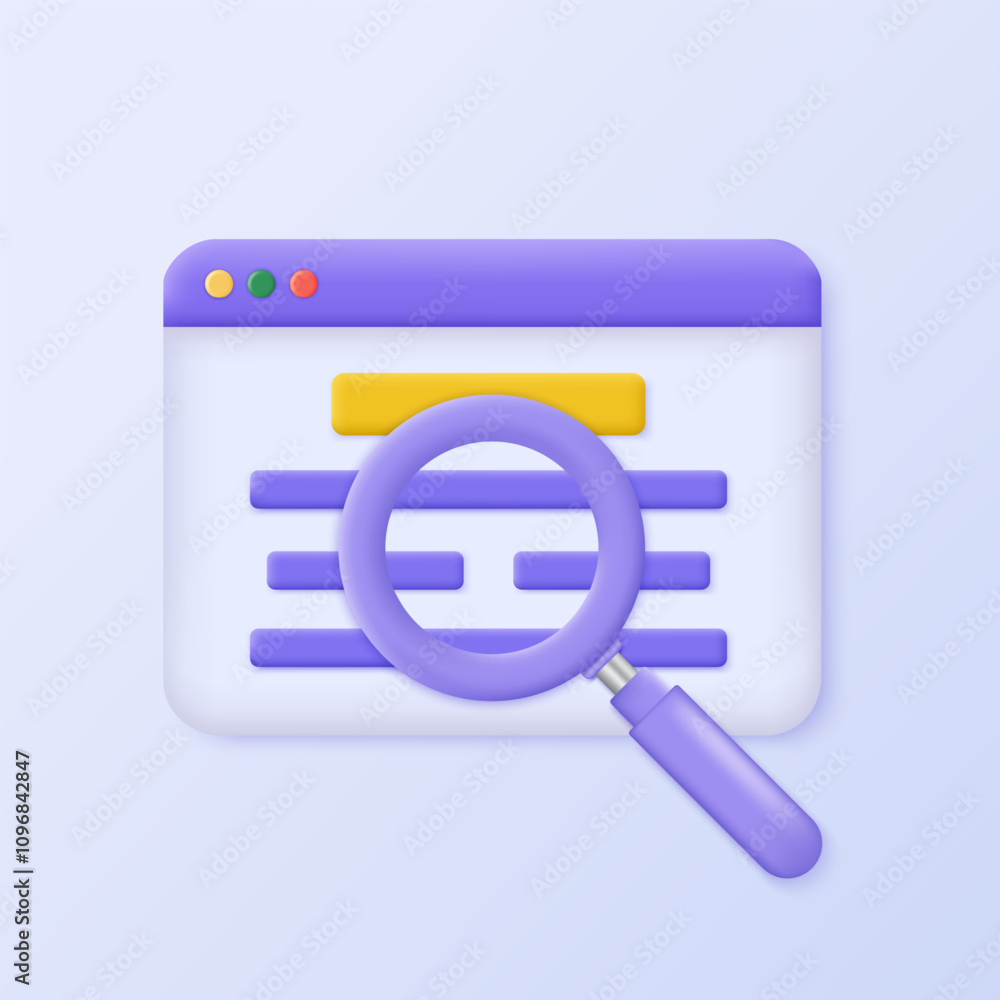 Poster 3D Web browser window with magnifying glass icon. 3D design of web searching concept Internet request. Vector illustration.