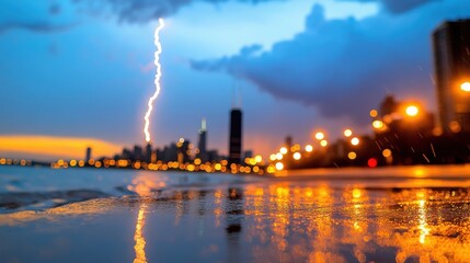 A powerful vertical lightning bolt pierces the richly colored sky above a bustling urban landscape, offering a breathtaking view of electric phenomena and city vibrance.