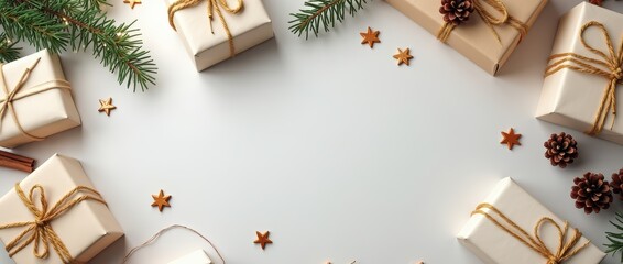 Flat Lay of Minimalist Christmas Gifts Wrapped in Neutral Tones with Pinecones and Golden Accents