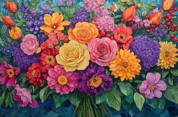 Vibrant Floral Bouquet Displaying a Variety of Colorful Flowers in a Beautiful Arrangement with Greenery and Soft Background for Spring and Summer Decor