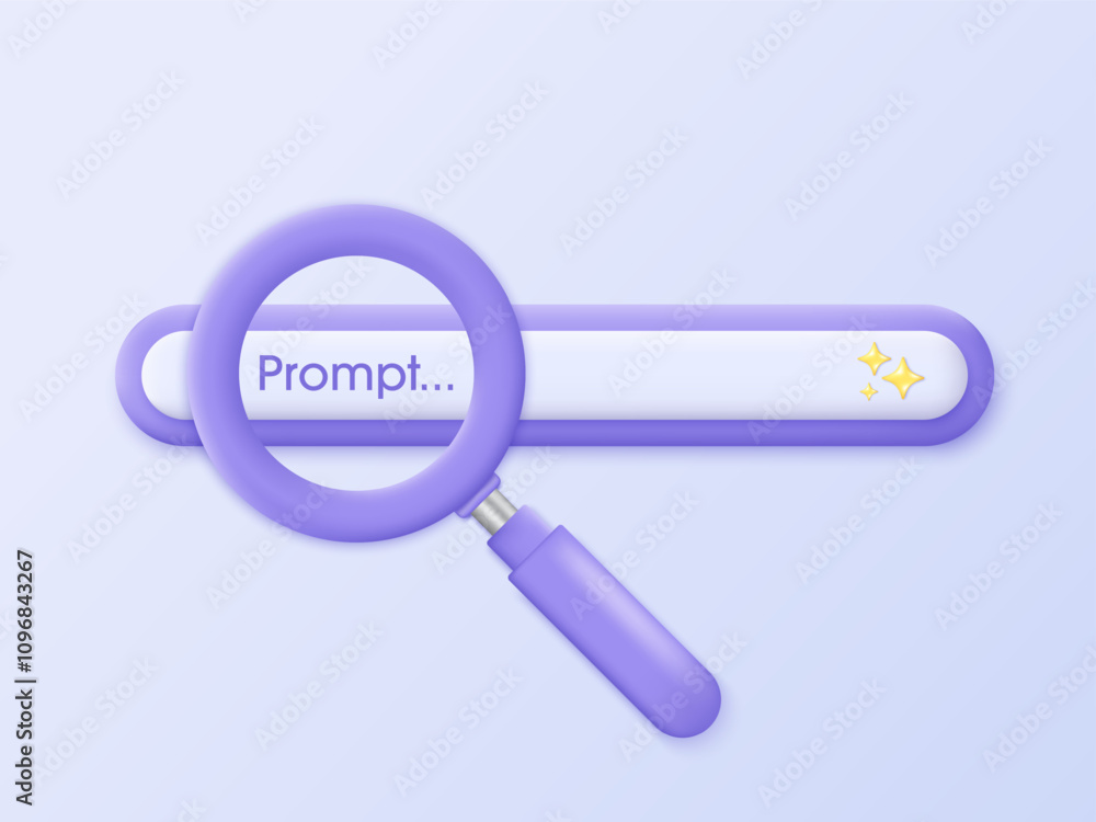 Poster 3D Generate bar with magnifying glass icon. Search, analysis, and generation by machine learning. 3D design of artificial intelligence technology. Vector illustration.