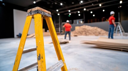 Fototapeta premium A construction site with two workers wearing safety helmets and bright red shirts working diligently among materials and ladders inside a large indoor area.